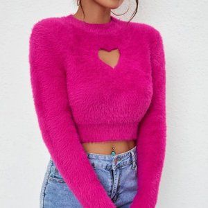 Heart Cut Out soft Fuzzy hot pink knit Sweater top